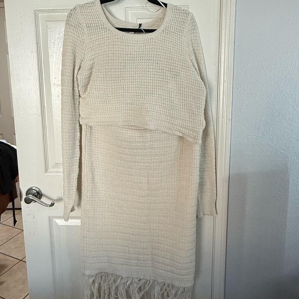 Elegant Cream Knit Long Sleeve two piece set